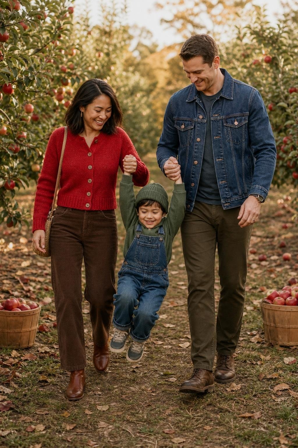 the whole family in apple red cardigan, denim jacket, moss green sweater, kids' red hoodie and denim overalls in an apple orchard (option 2)