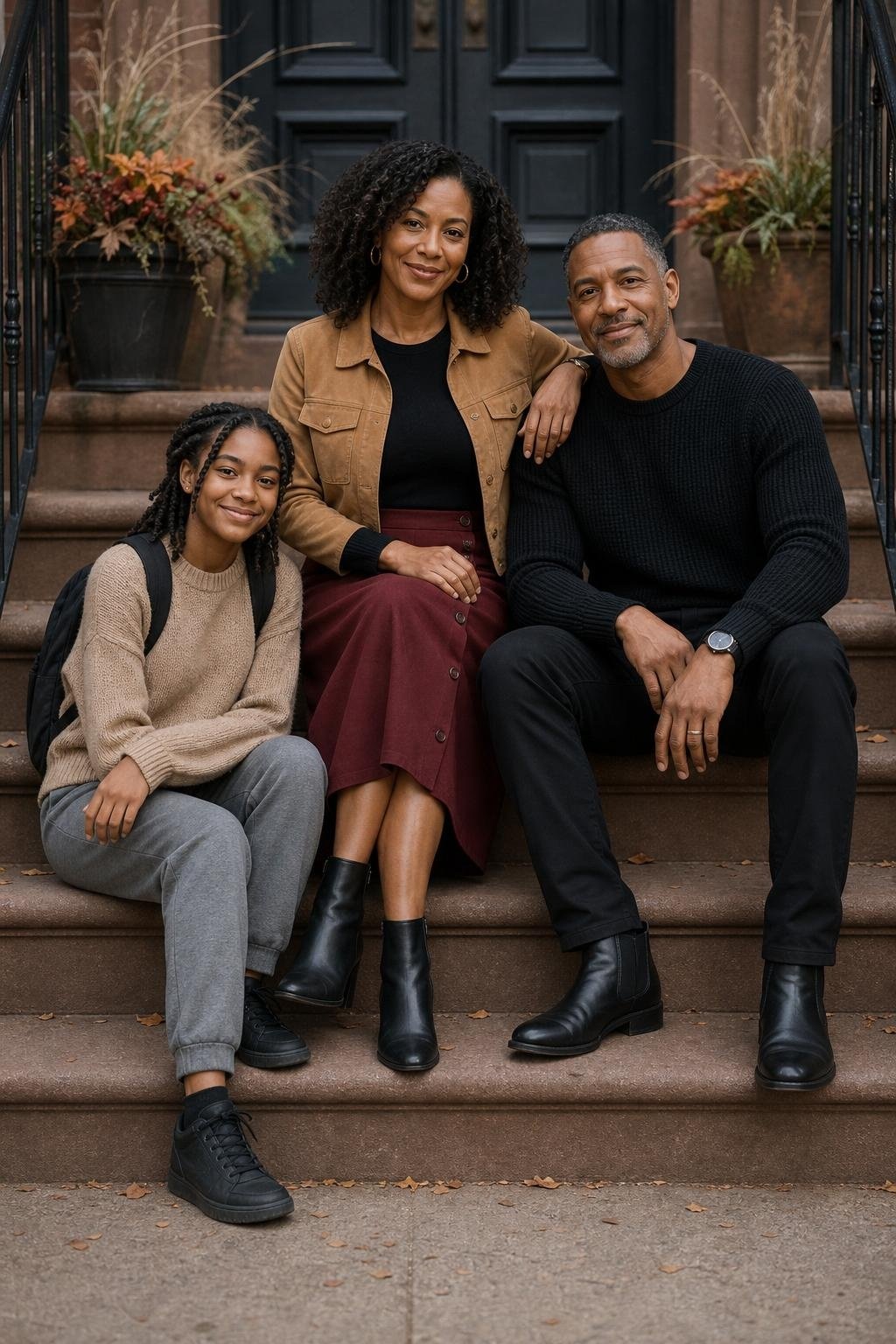 the whole family in black knit top, merlot midi skirt, soft tan jacket, kids' merlot sweater and black joggers on city steps (option 2)