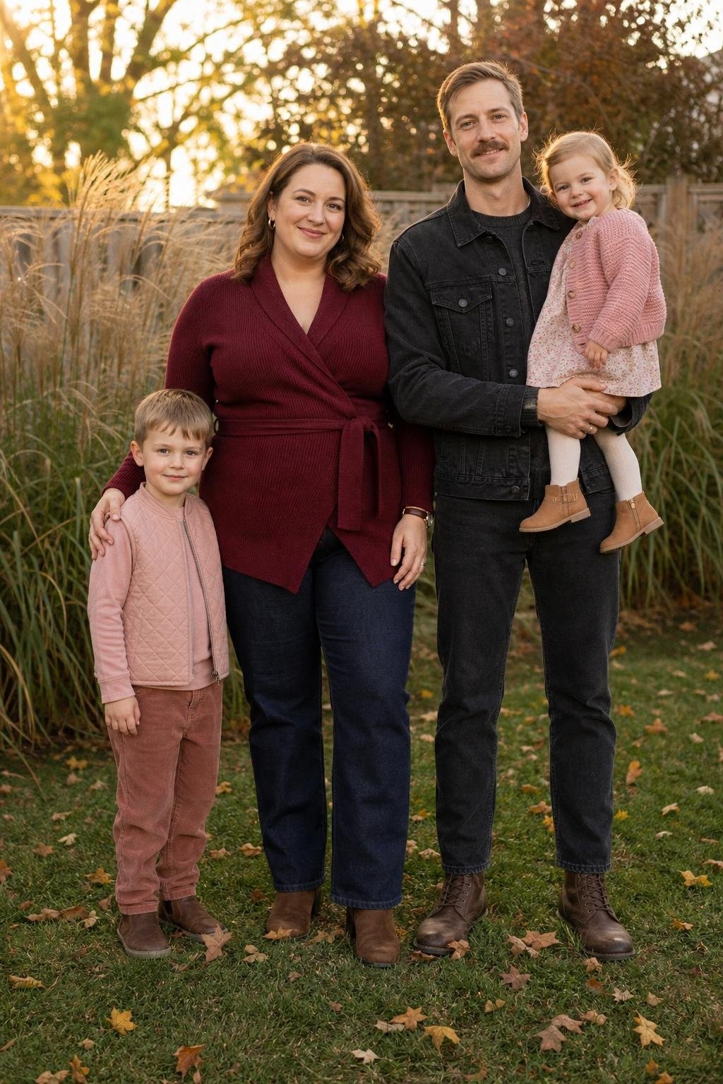 the whole family in burgundy wrap sweater, blush knit top, washed black denim, kids' burgundy vest and soft pink cardigan beside tall grasses (option 1)