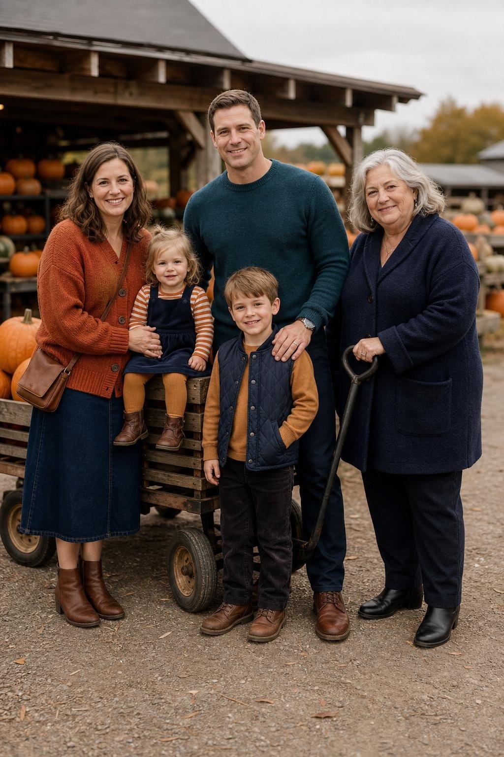 the whole family in burnt orange cardigan, deep teal sweater, navy chinos, kids' navy quilted vest and orange striped tee at a pumpkin stand (option 2)