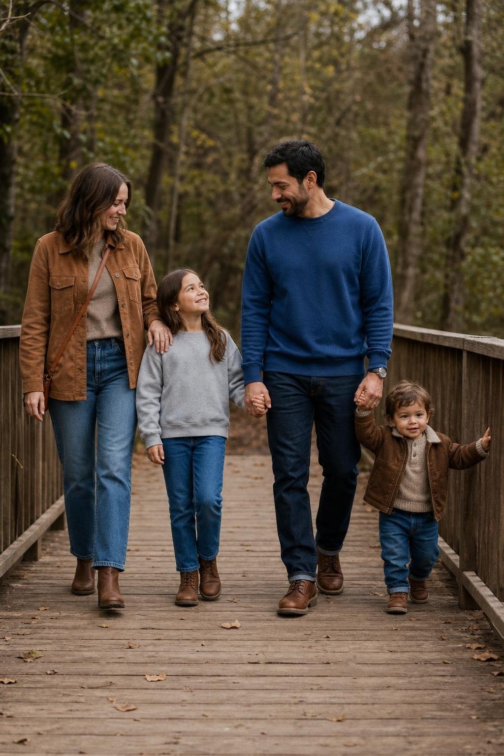 the whole family in cobalt pullover, caramel suede jacket, heather gray kids' sweatshirts, jeans, and brown boots near a wooden bridge (option 1)