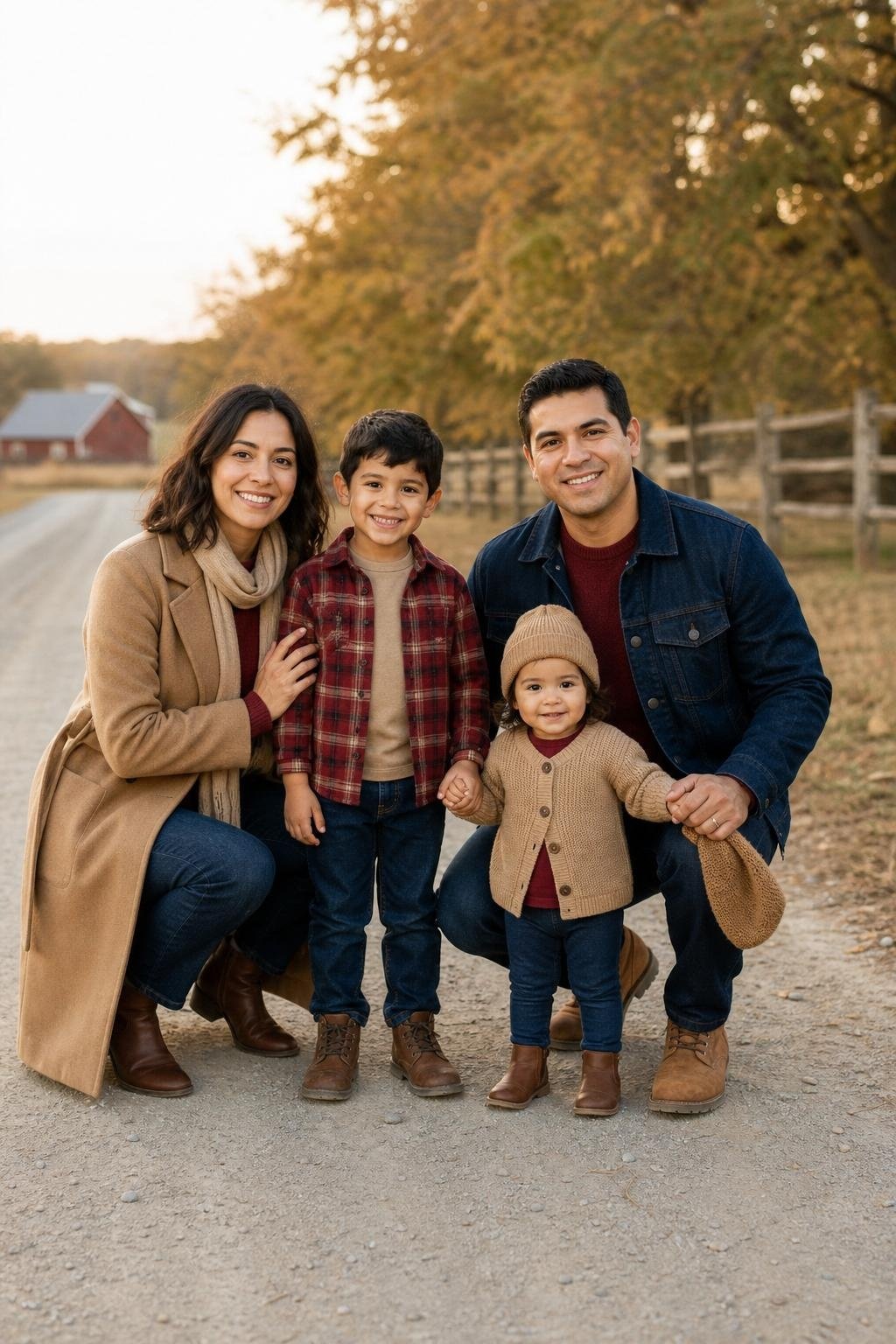 the whole family in cranberry sweater, camel coat, indigo jeans, kids' cranberry plaid shirt and camel knit hat on a quiet country road (option 2)