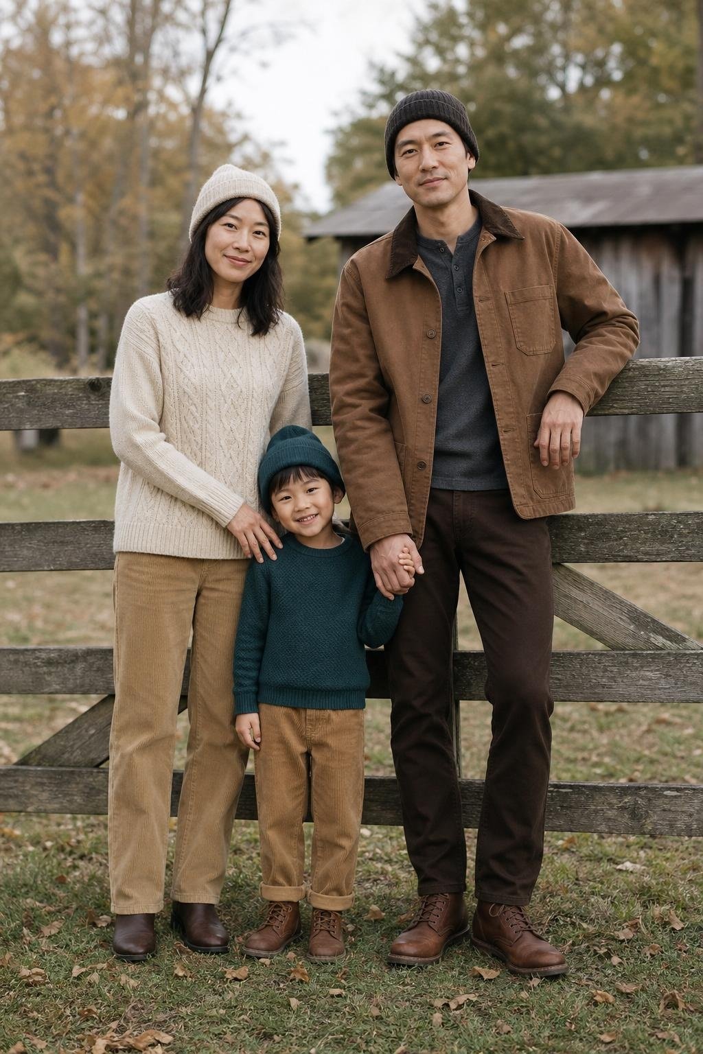 the whole family in deep teal sweater, oatmeal knit pullover, tobacco brown jacket, kids' corduroy pants and cozy beanies by a rustic fence (option 1)