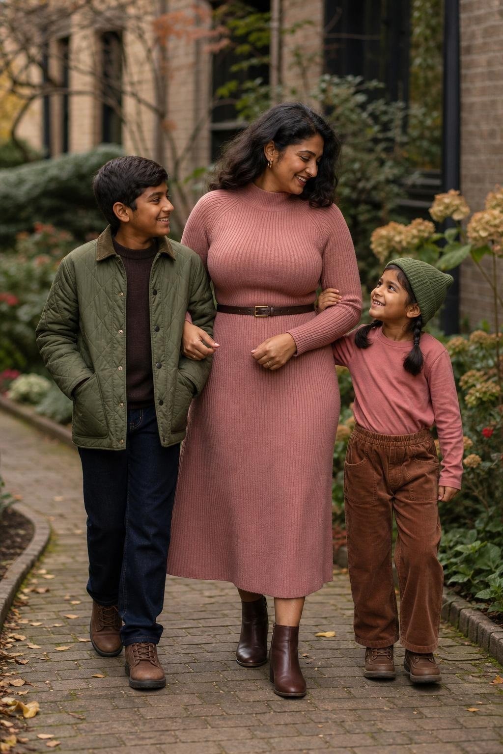 the whole family in dusty rose knit dress, espresso sweater, moss green kids' jacket, brown corduroy pants, and boots in a garden walkway (option 1)