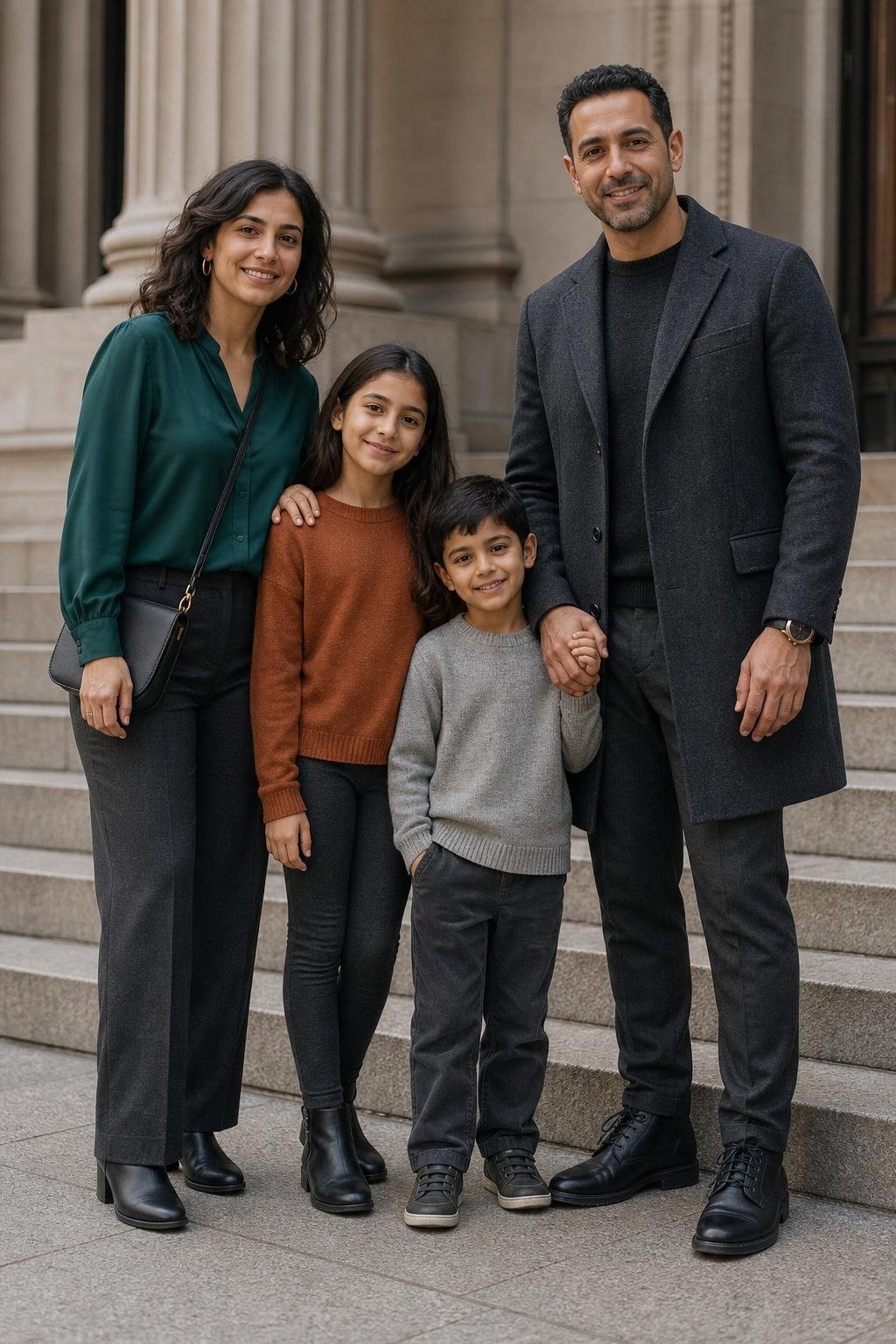 the whole family in emerald blouse, charcoal coat, copper sweater, kids' charcoal leggings and emerald knit pullover on downtown stone steps (option 1)