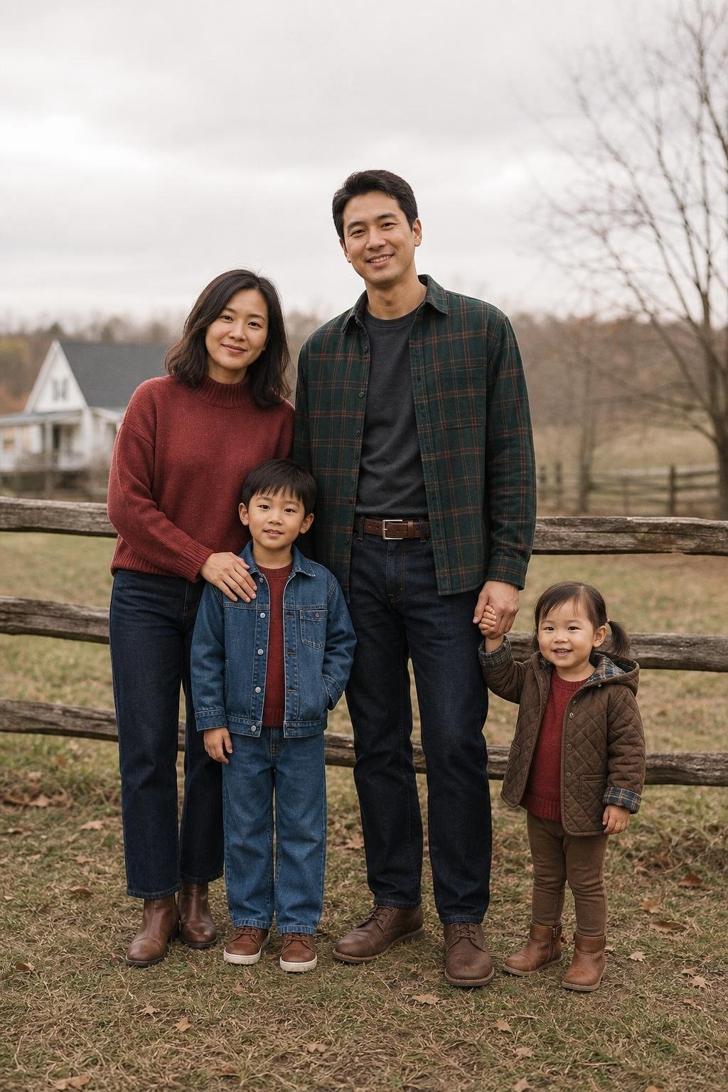 the whole family in evergreen plaid overshirt, ruby sweater, denim jeans, kids' ruby knit top and plaid-lined jacket beside a split-rail fence (option 1)