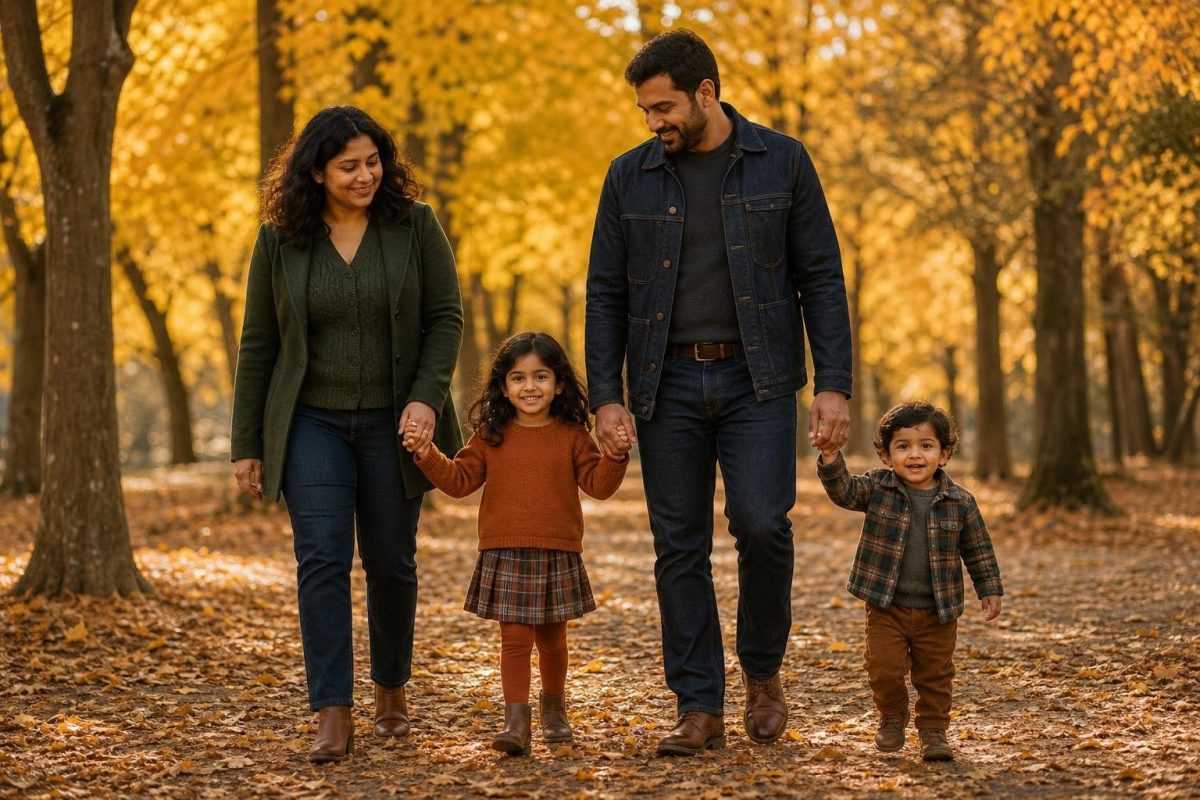 the whole family in forest green, cinnamon, dark denim, and soft plaid layers, coordinated sweaters, jackets, kids' knits, and ankle boots in a golden fall park (option 1)
