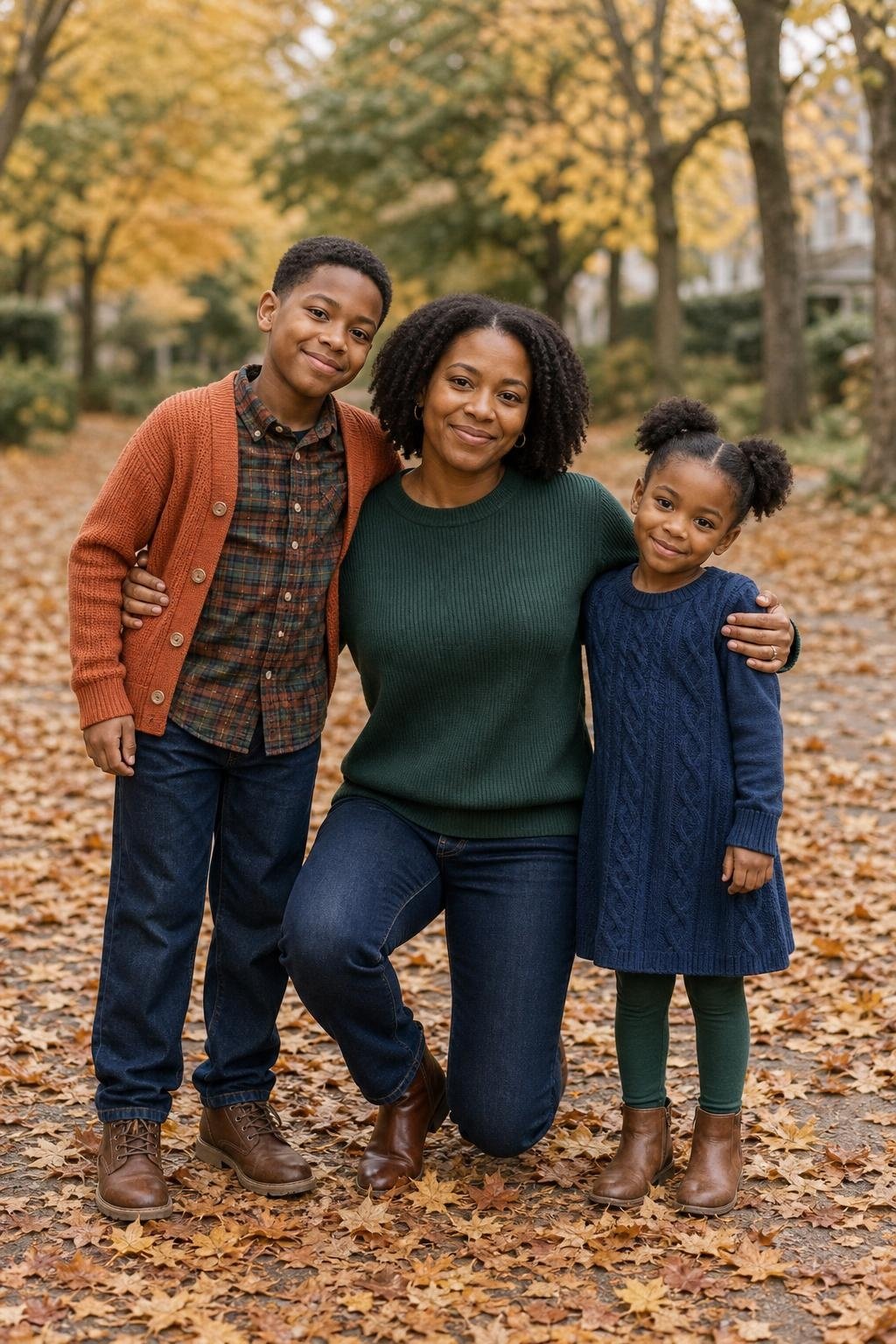 the whole family in forest green sweaters, cinnamon cardigan, dark denim jeans, kids' plaid shirt and knit dress, brown boots on a leaf-covered trail (option 1)