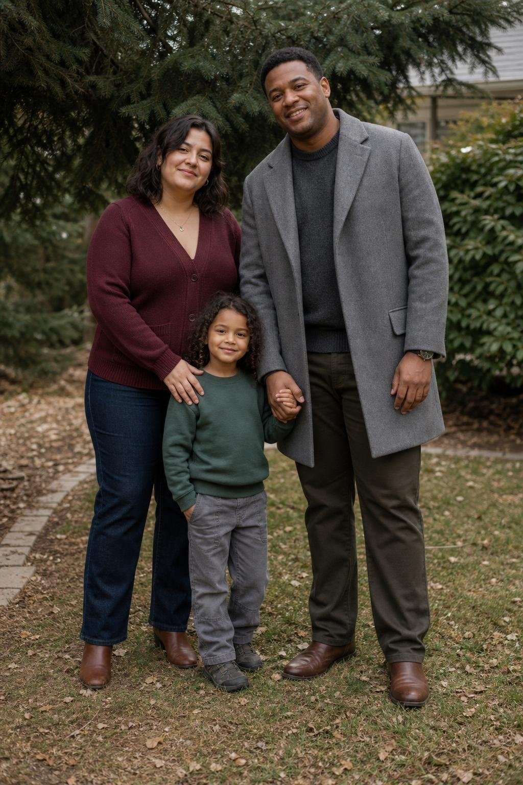 the whole family in garnet cardigan, spruce green sweater, pewter gray coat, kids' spruce pullover and gray pants near evergreen trees (option 1)