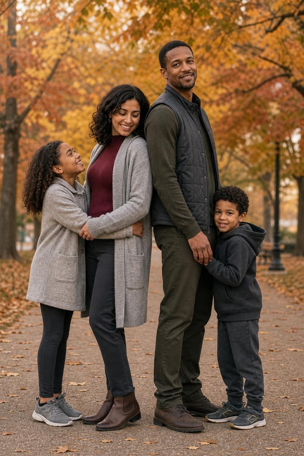 the whole family in heather gray sweater coat, berry knit top, dark olive pants, kids' berry cardigan and gray joggers under autumn trees (option 2)