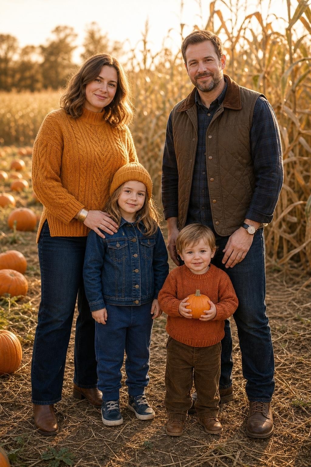 the whole family in indigo denim jacket, saffron sweater, walnut brown vest, kids' indigo joggers and saffron knit top at a pumpkin patch (option 1)