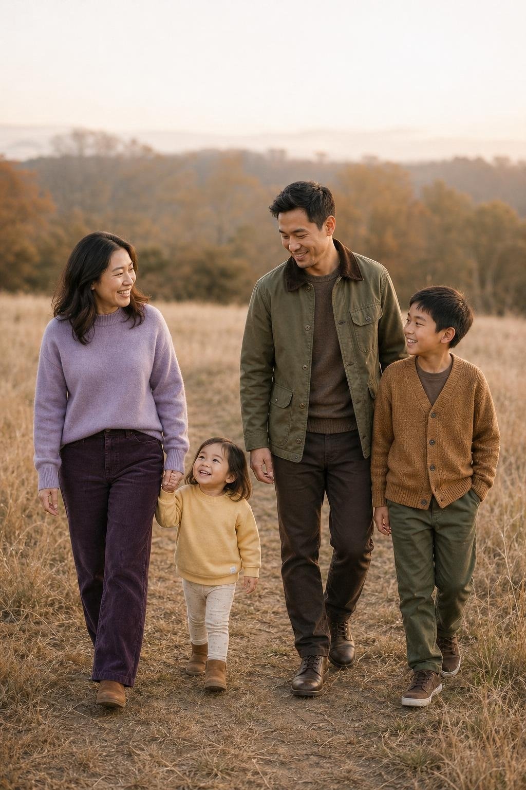 the whole family in lavender sweater, soft olive jacket, honey brown cardigan, kids' lavender sweatshirt and olive pants in a pale fall meadow (option 1)