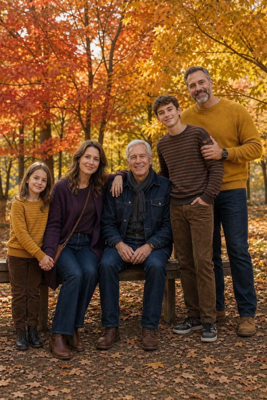 the whole family in mustard sweater, eggplant cardigan, dark wash denim, kids' striped knit tops and corduroy pants among colorful maple trees (option 1)