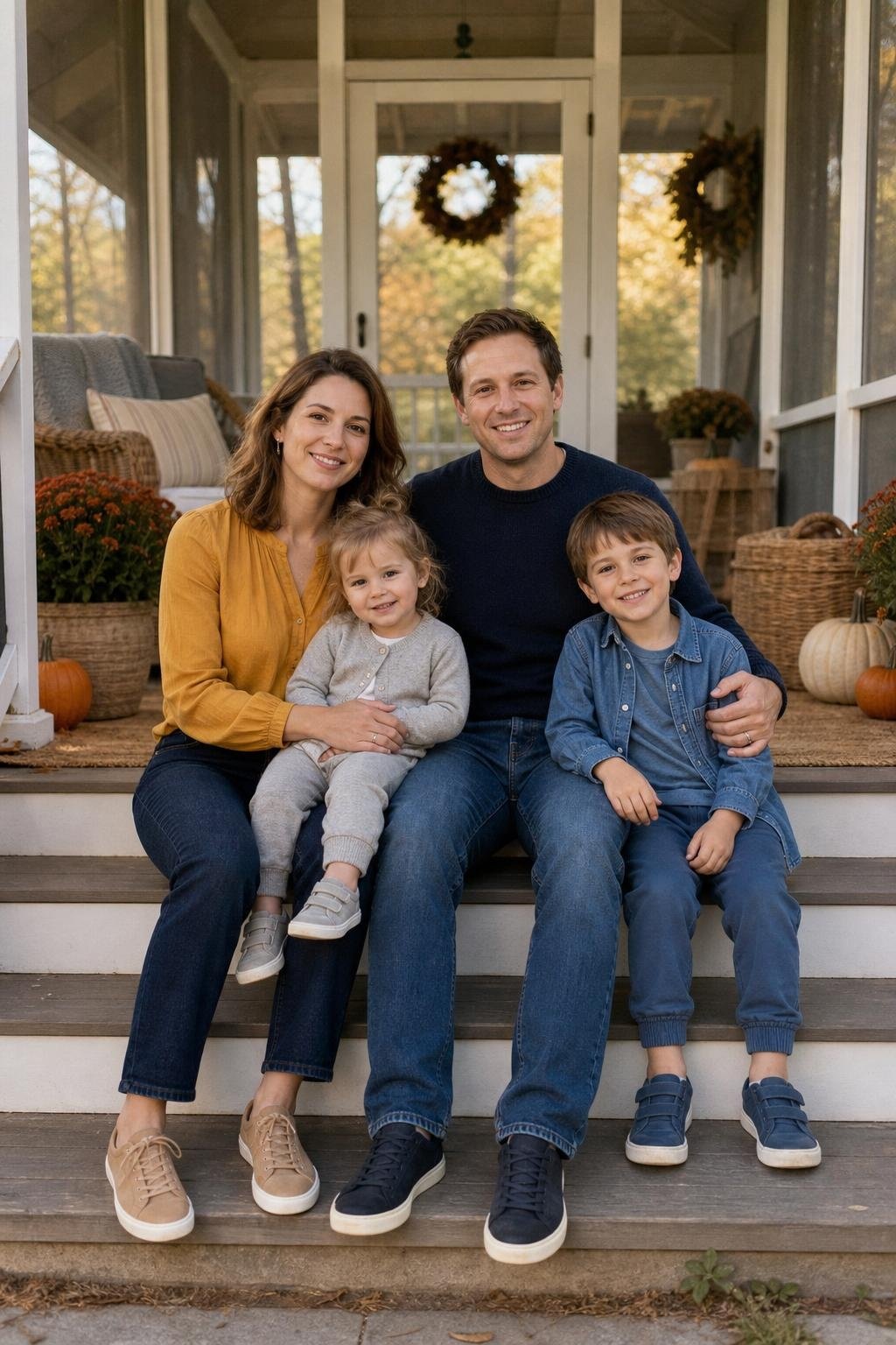the whole family in navy sweater, marigold blouse, soft gray kids' cardigan and joggers, denim, and clean sneakers on a covered porch (option 2)