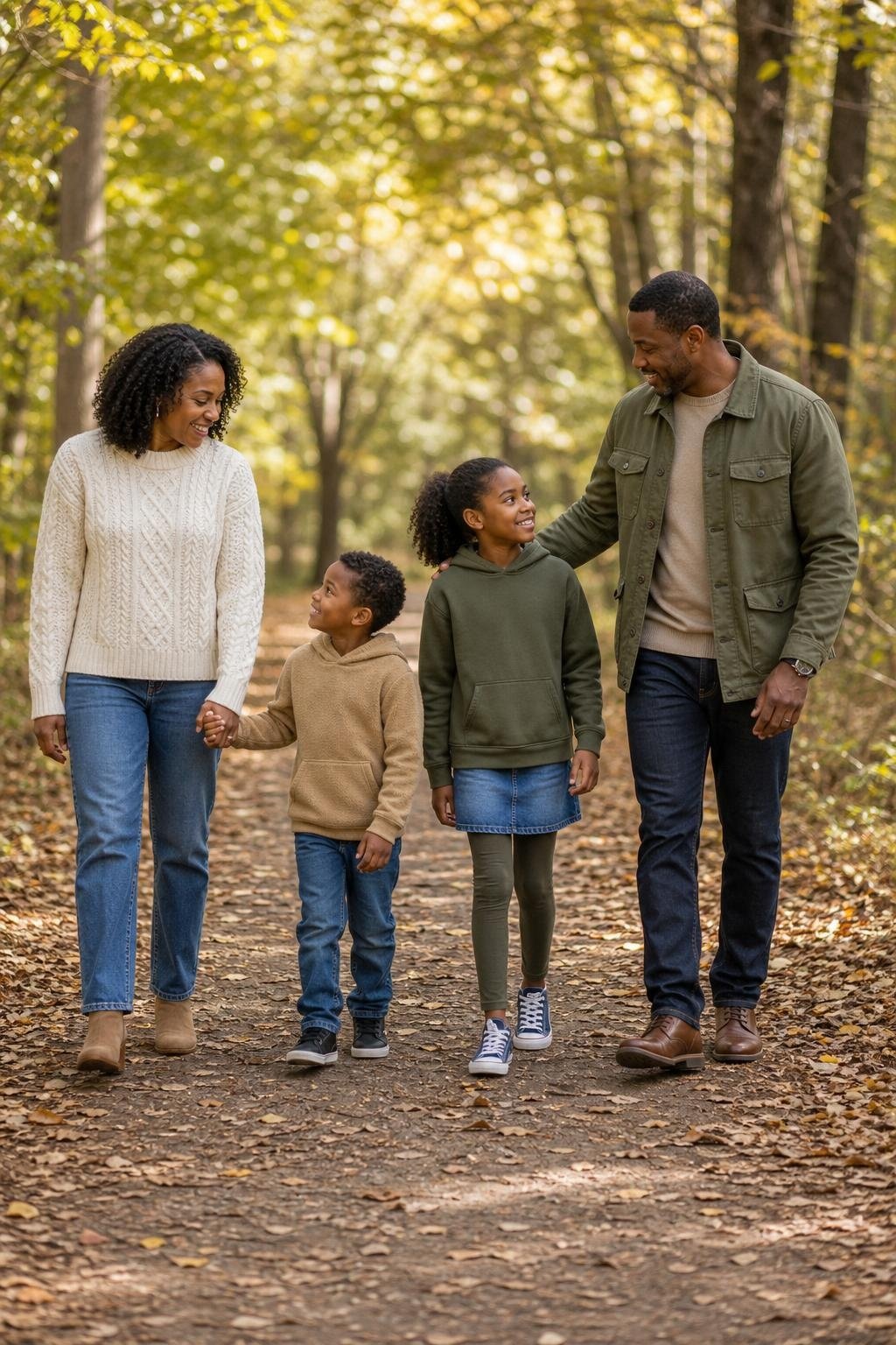 the whole family in olive utility jacket, cream cable sweater, classic denim, kids' olive hoodie and denim skirt with sneakers on a wooded path (option 2)
