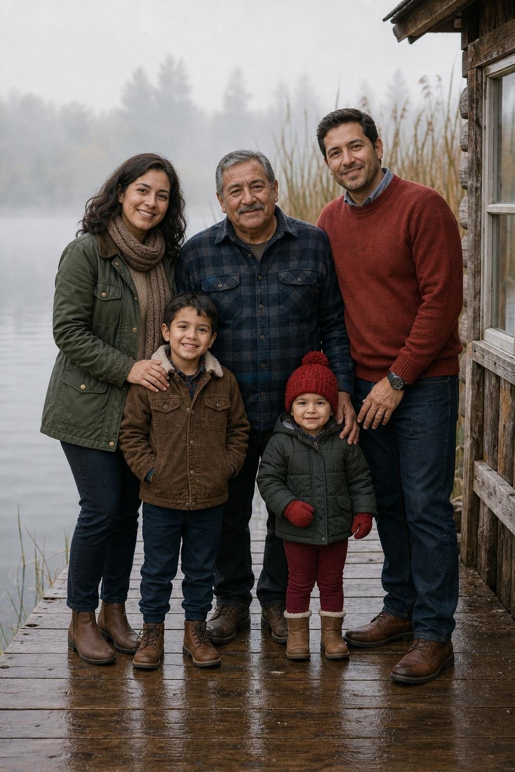 the whole family in pine jacket, brick red sweater, navy flannel shirt, kids' navy joggers and red knit beanie by a lakeside dock (option 1)