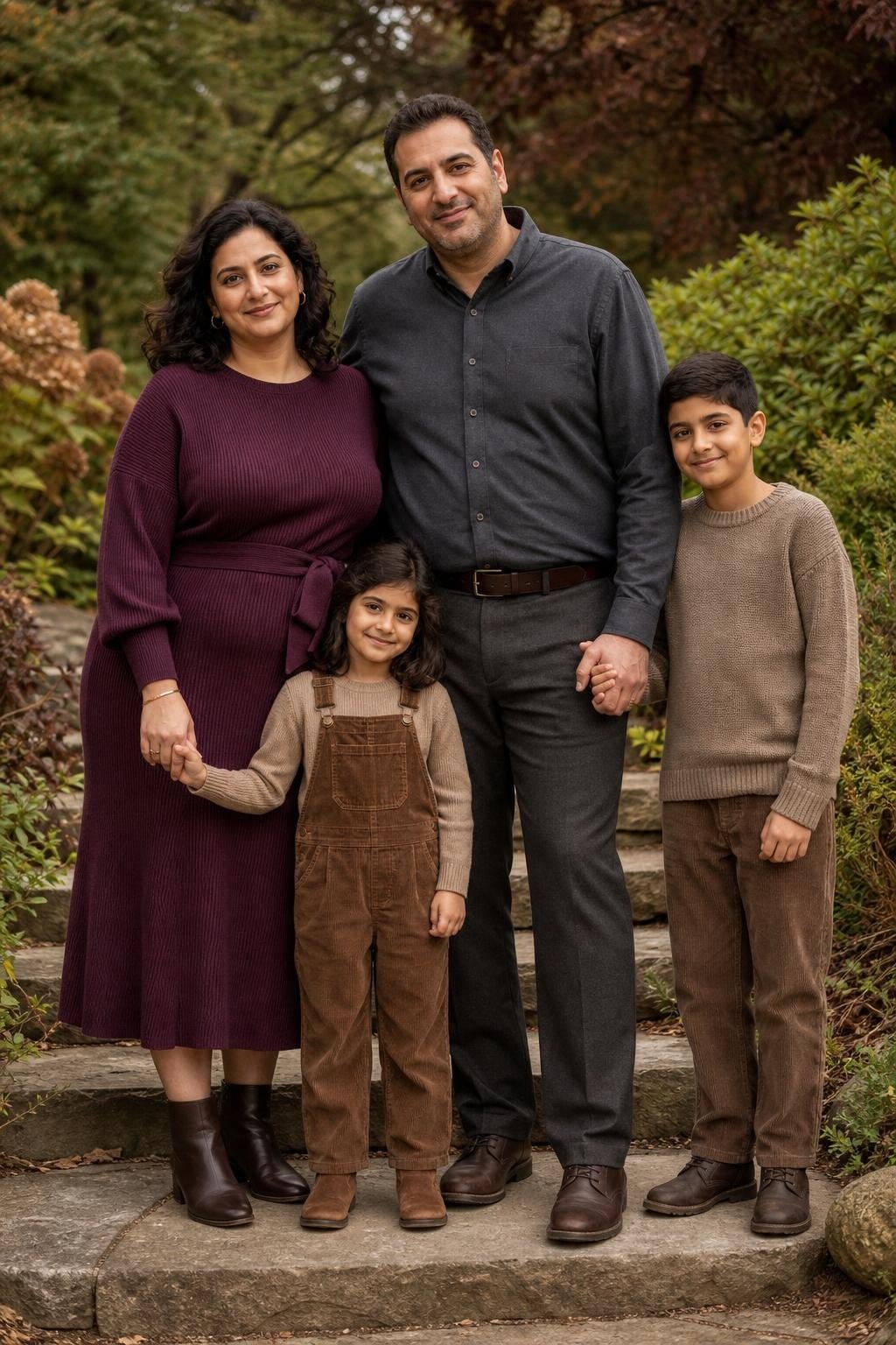 the whole family in plum knit dress, charcoal button-down and trousers, kids' warm taupe sweaters, corduroy pants, and boots near stone garden steps (option 2)