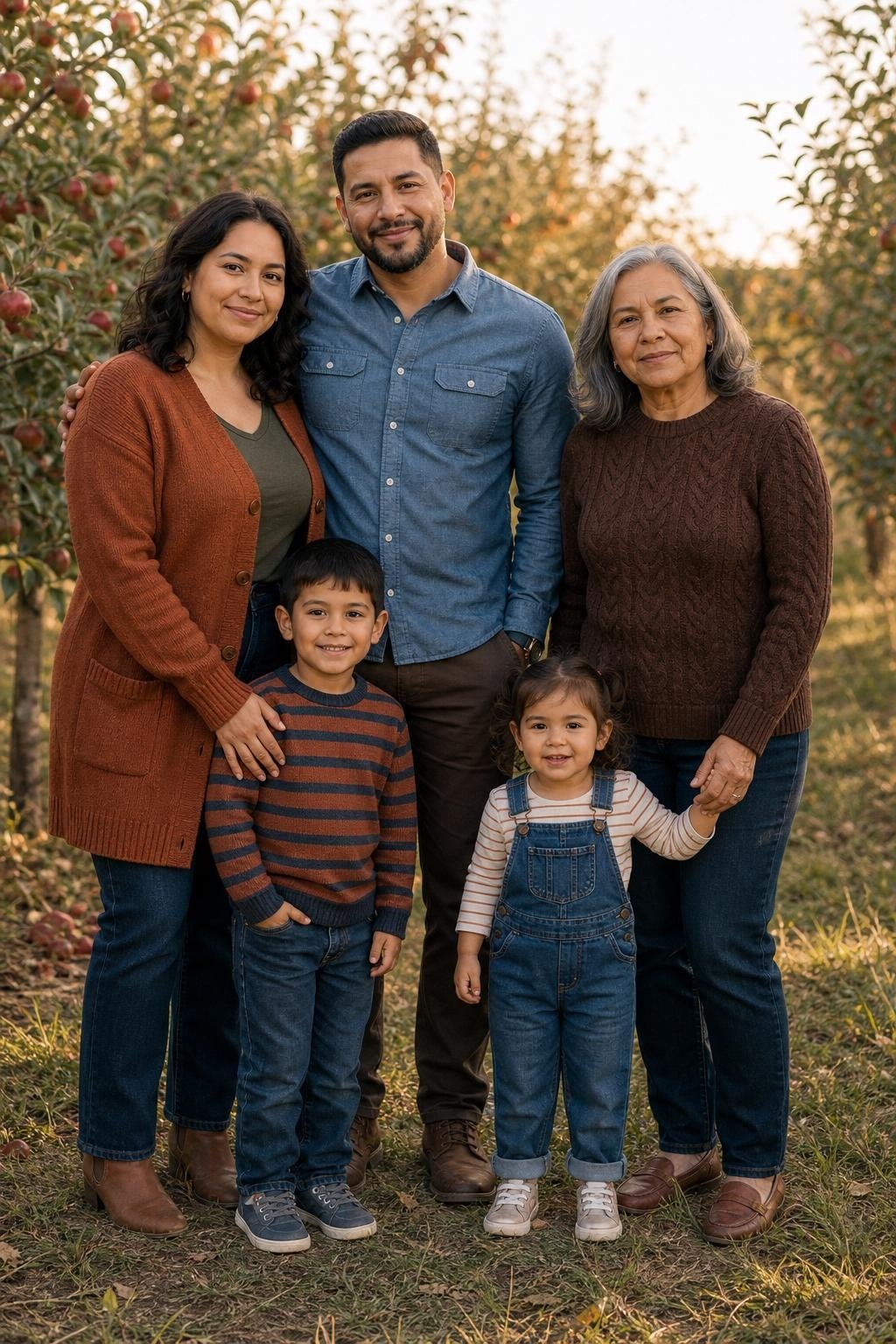 the whole family in rust cardigan, chambray shirt, chocolate brown sweater, kids' denim overalls and striped knit top in an apple orchard (option 1)