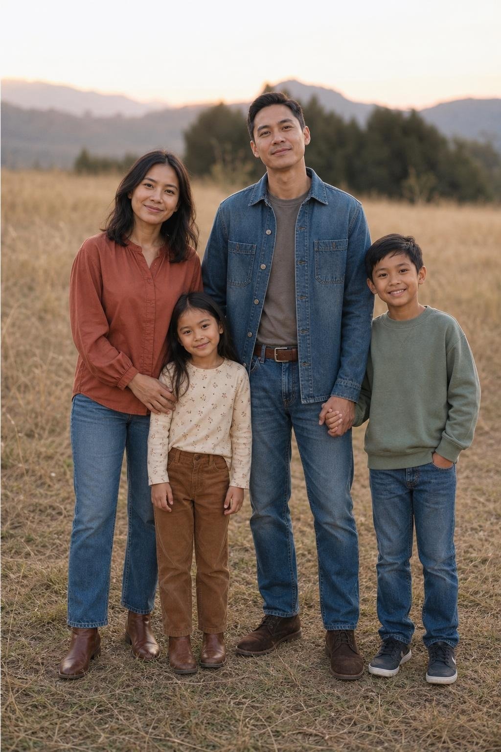 the whole family in sage cardigan, terracotta blouse, faded denim, kids' sage sweatshirt and terracotta corduroy pants in a meadow (option 1)
