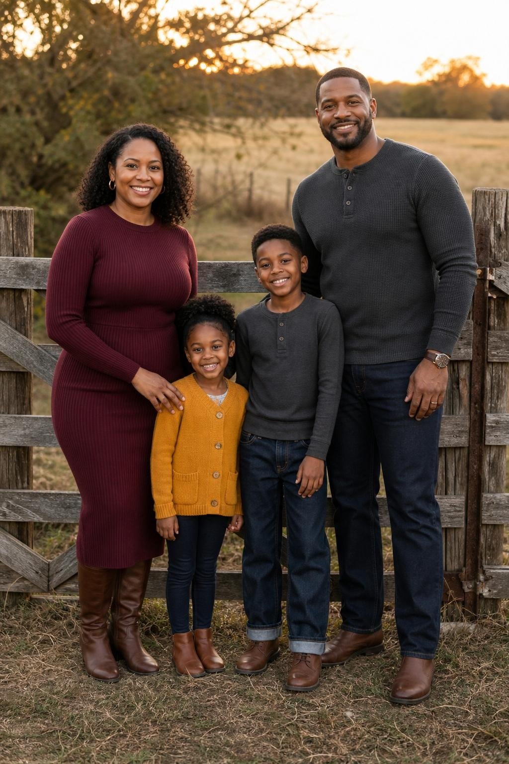 the whole family in wine sweater dress, charcoal henley, goldenrod kids' cardigan, dark jeans, and brown boots near a field gate (option 1)