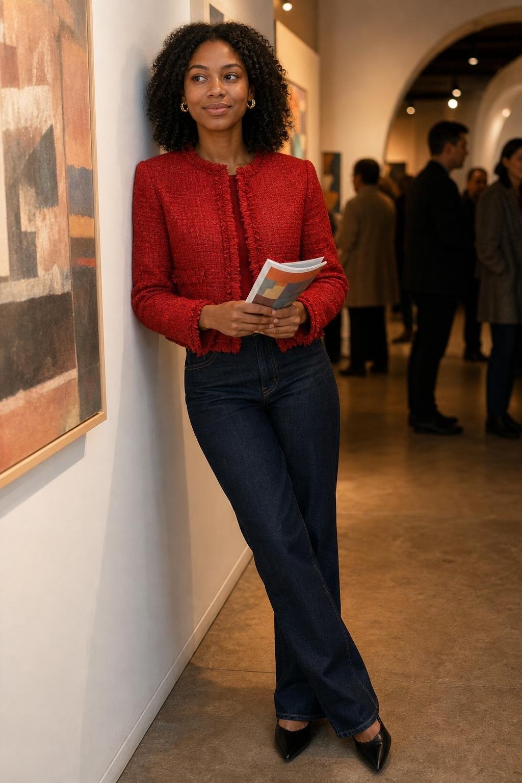 tomato red collarless tweed jacket, dark rinse straight jeans, pointed black flats, gallery opening mood (option 2)
