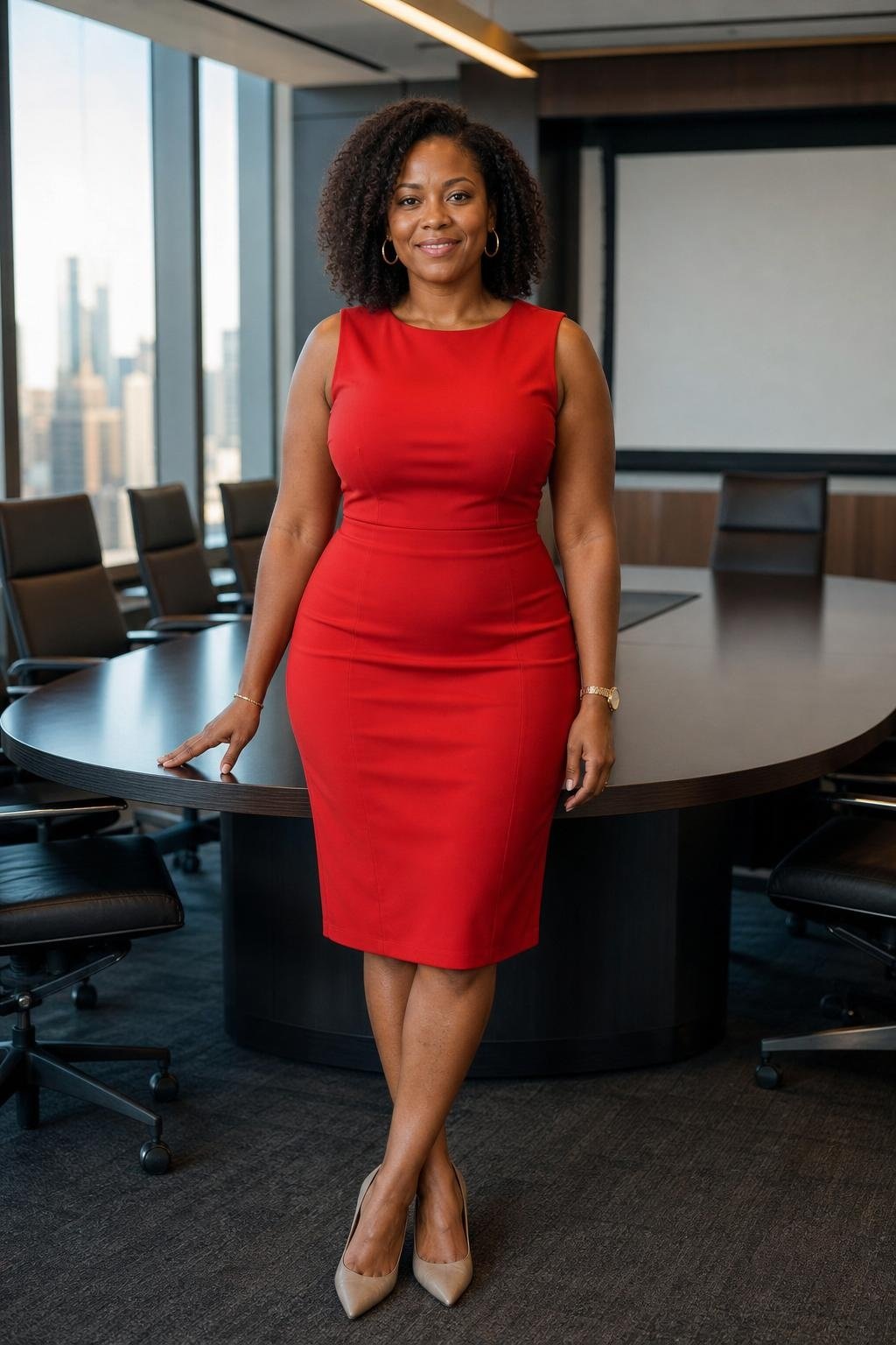 tomato red sheath dress, taupe pumps, slim gold jewelry, boardroom setting with confident polished mood (option 1)