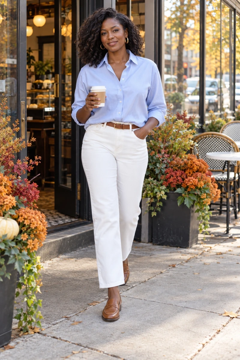 Light Blue Button Down, White Jeans, and Tan Loafers