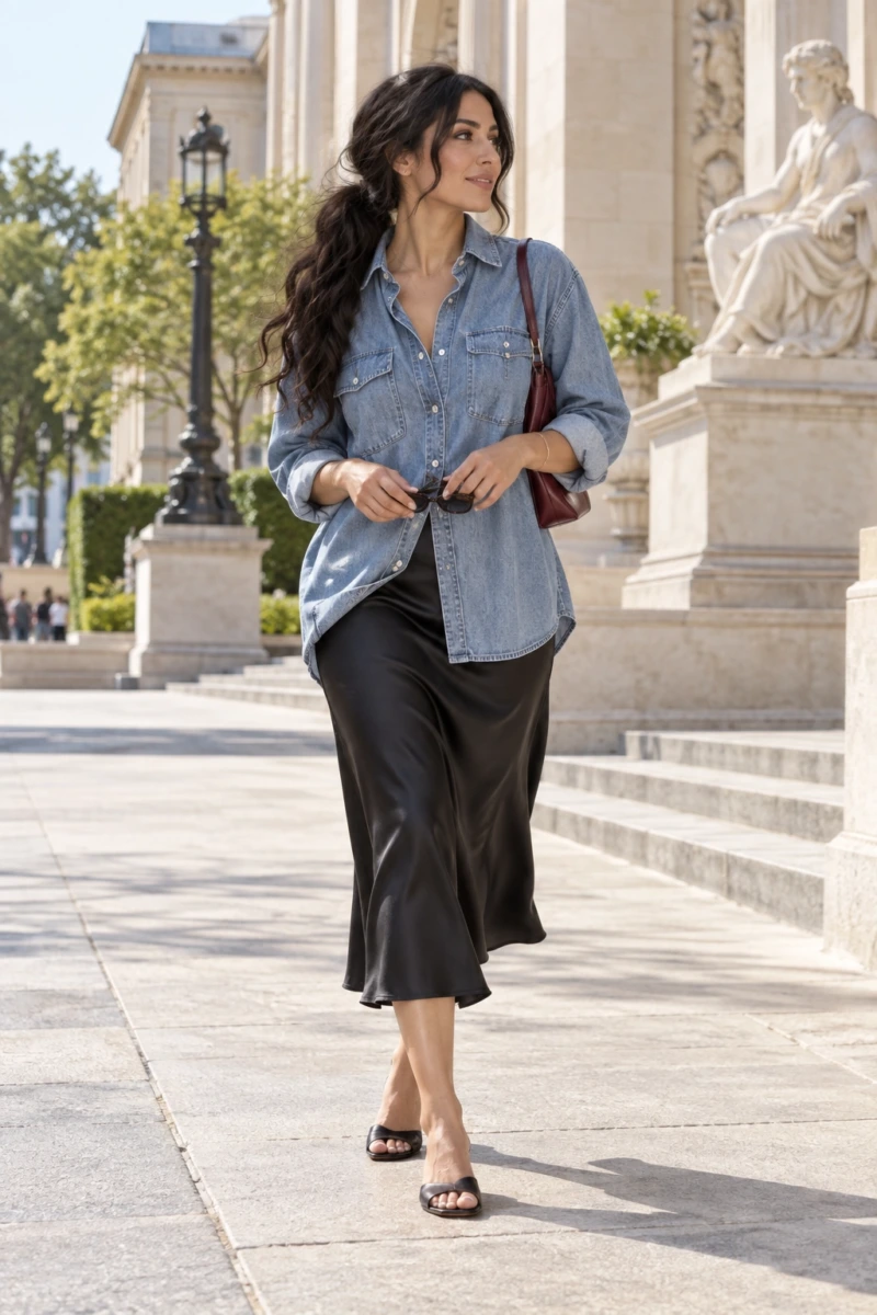 Oversized Chambray Shirt and a Black Slip Skirt