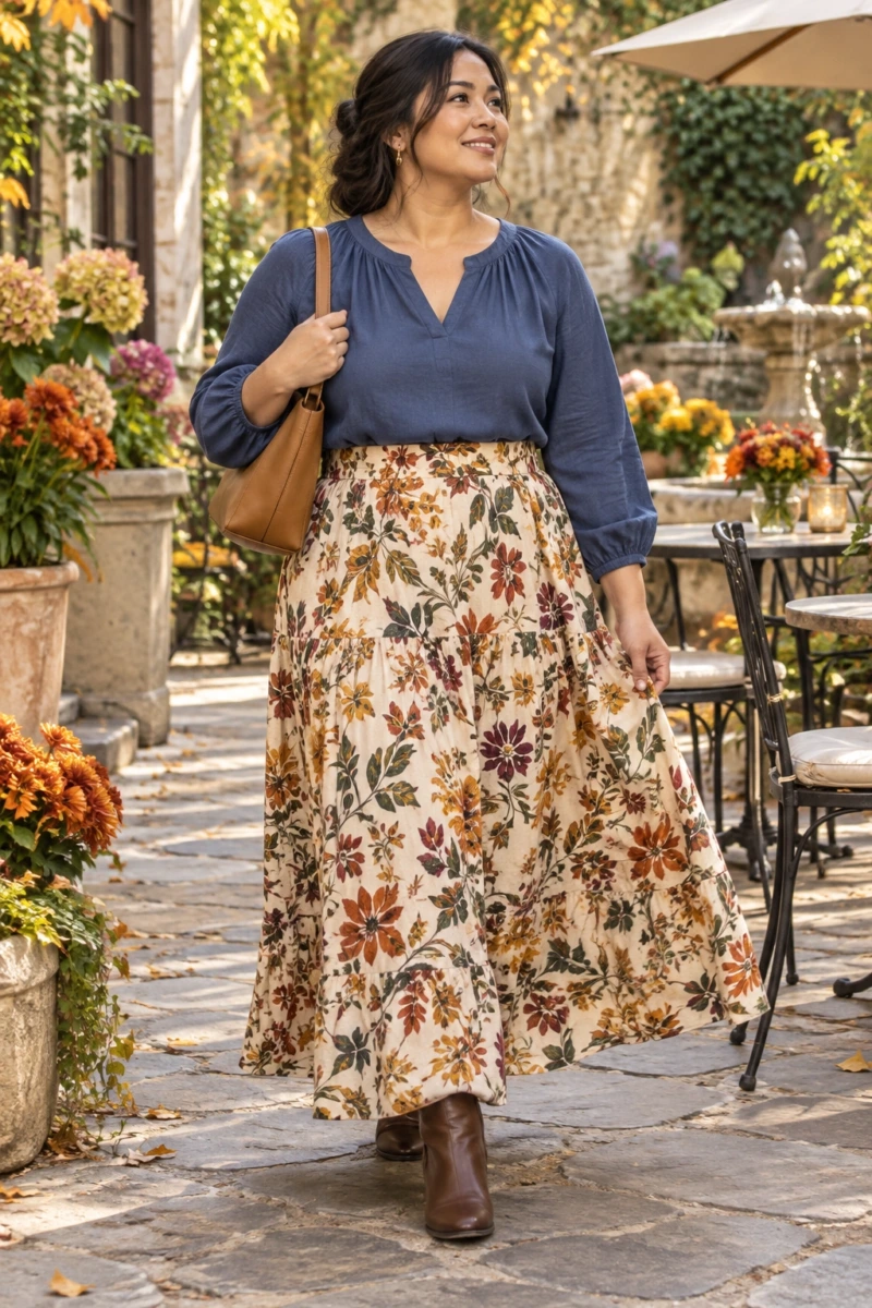 Blue Shirt, Printed Maxi Skirt, and Ankle Boots