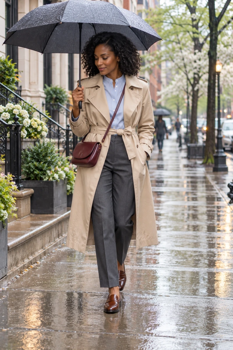 Blue Shirt, Trench Coat, and Loafers