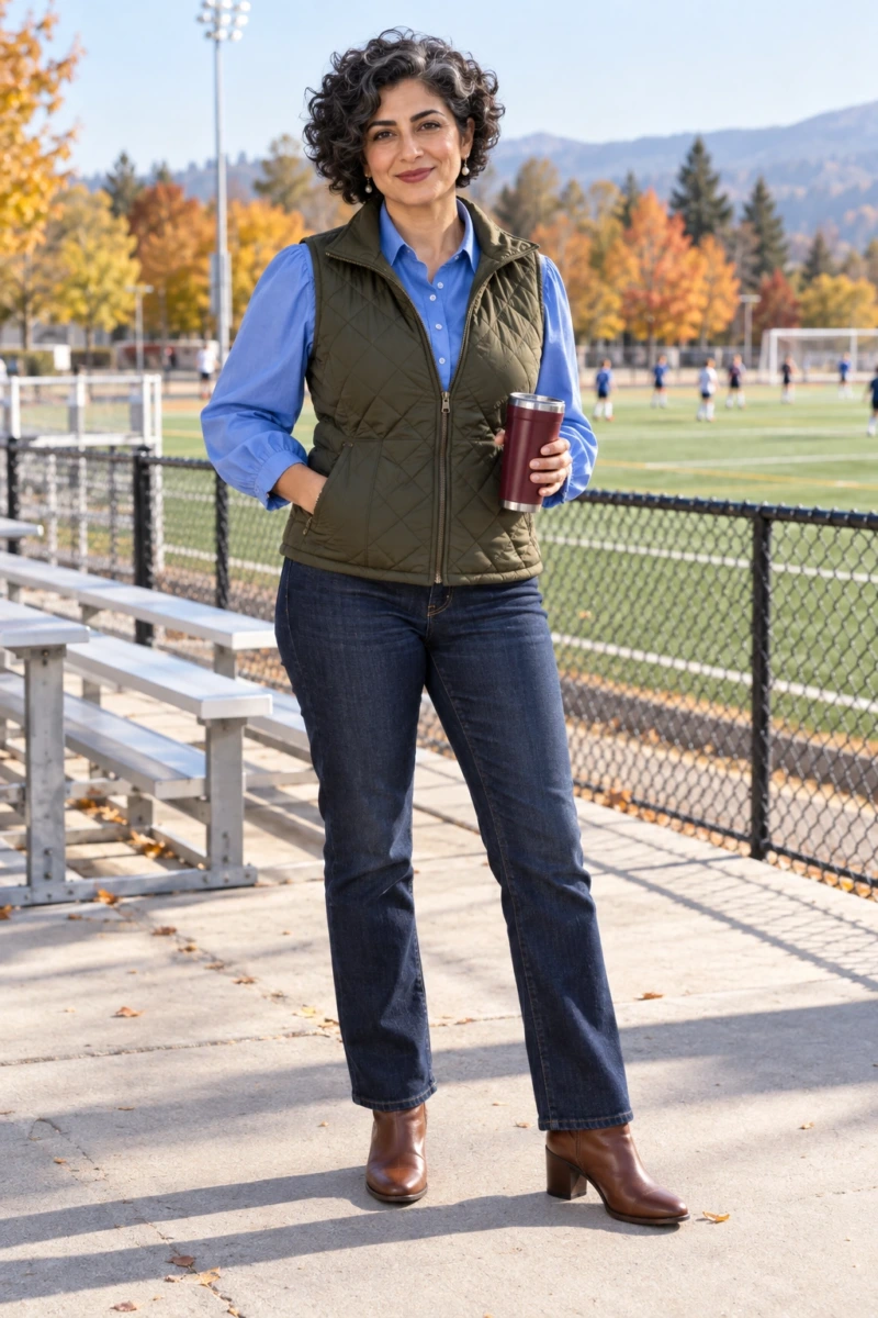 Blue Shirt Layered Under a Quilted Vest