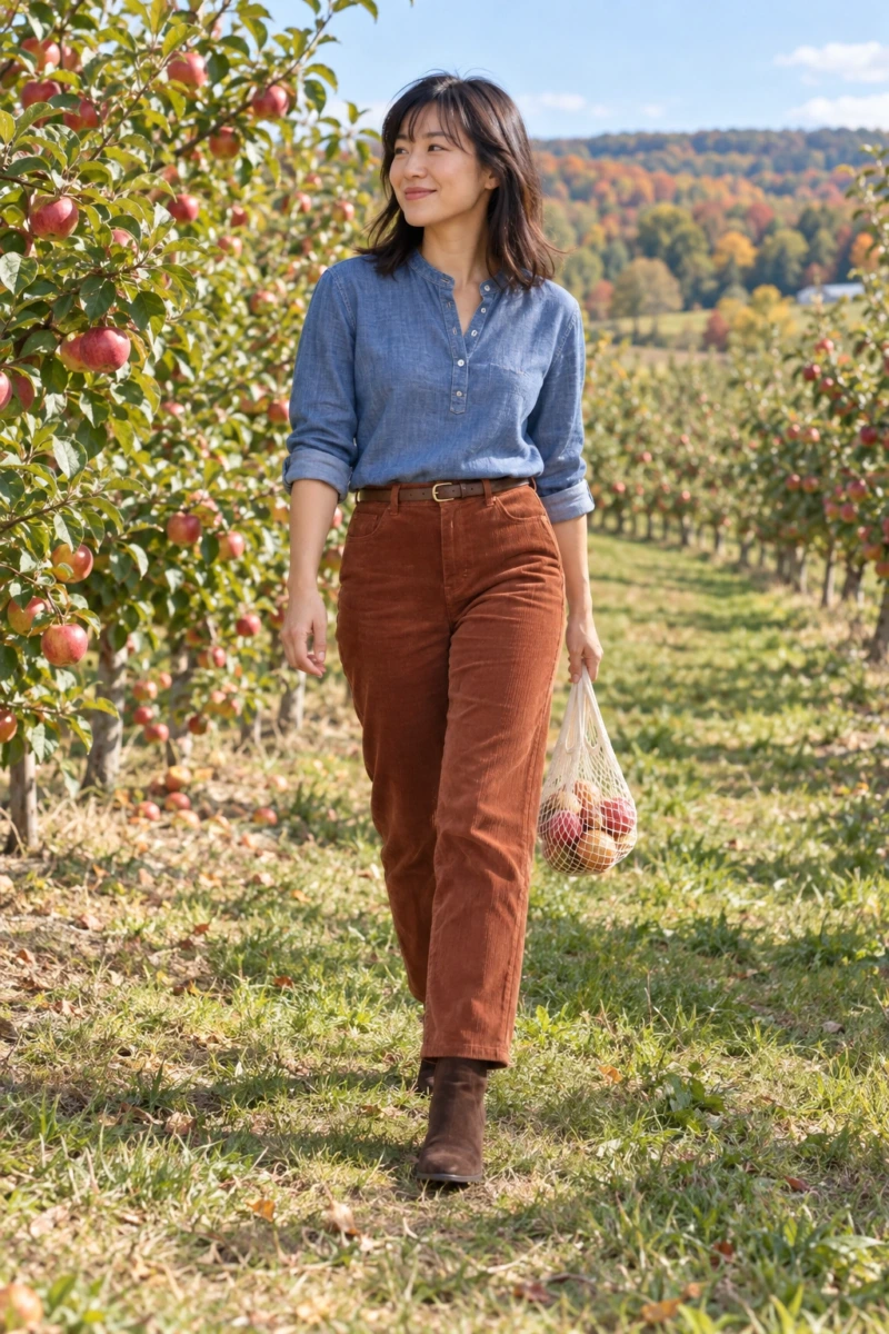 Blue Shirt, Corduroy Trousers, and Suede Boots