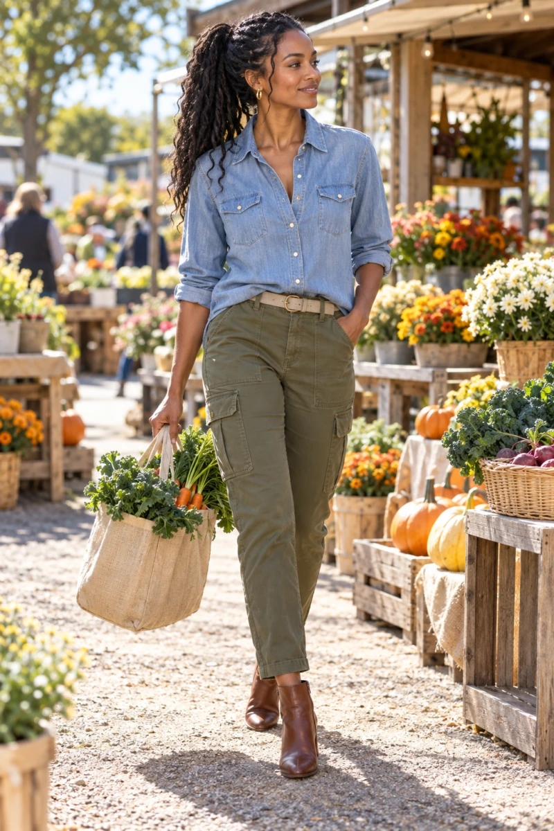 Chambray Shirt, Olive Cargo Pants, and Brown Boots