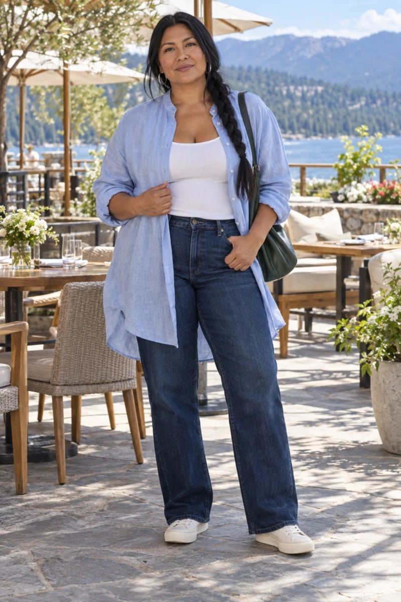 Blue Shirt Worn Open Over a White Tank and Jeans