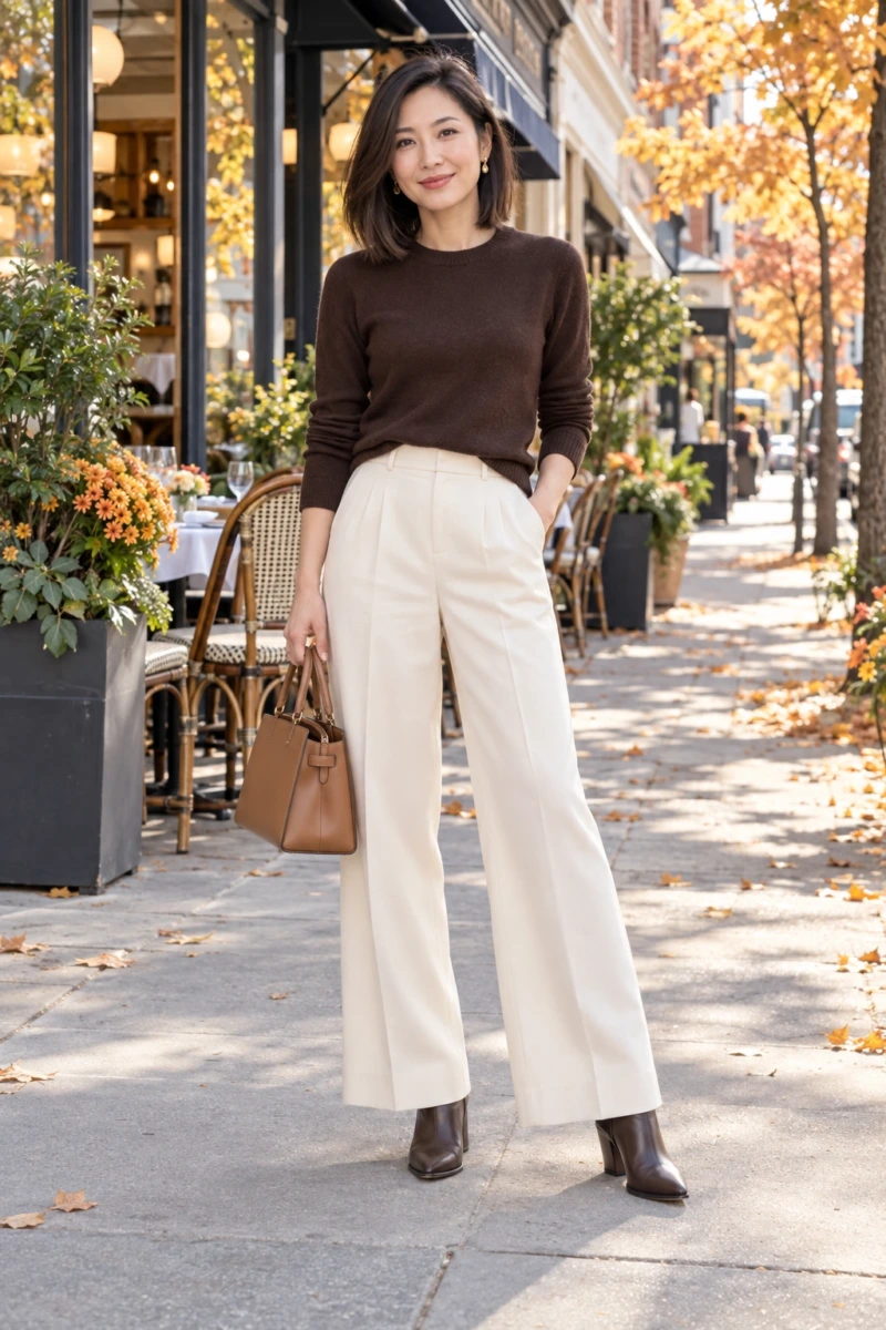 Chocolate Sweater With Cream Trousers
