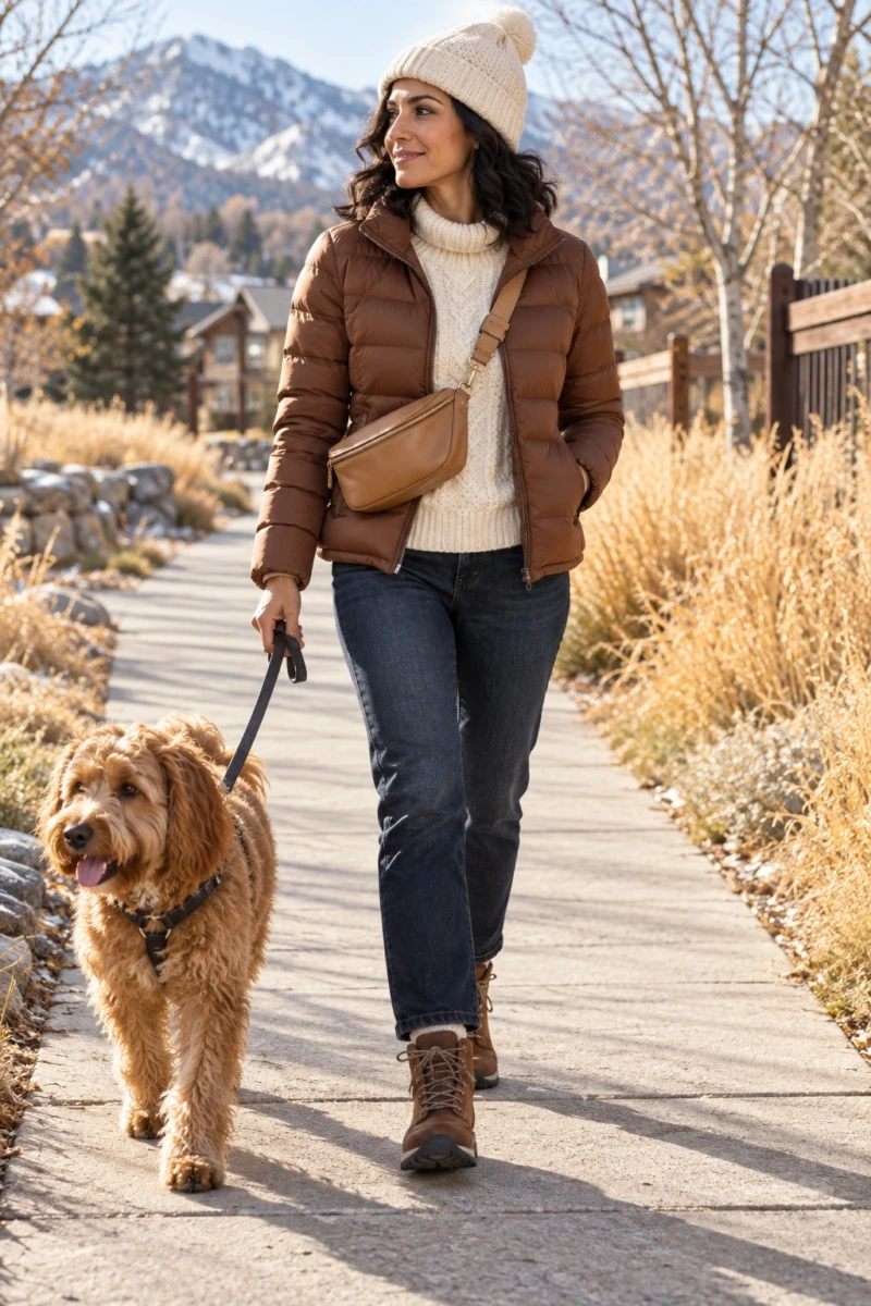 Brown Puffer With Cream Knit and Dark Jeans