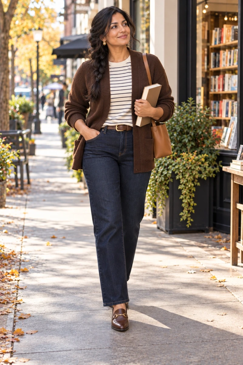 Brown Cardigan Over a Striped Tee