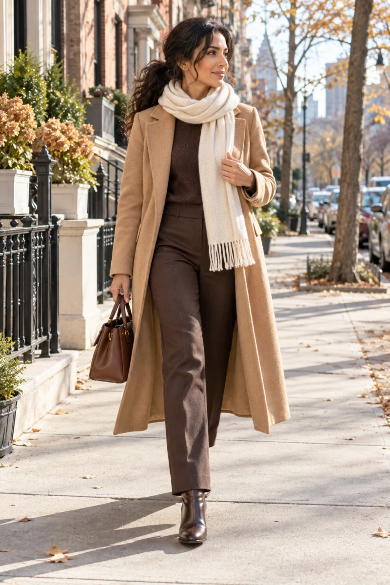 Camel Coat Over Head to Toe Brown