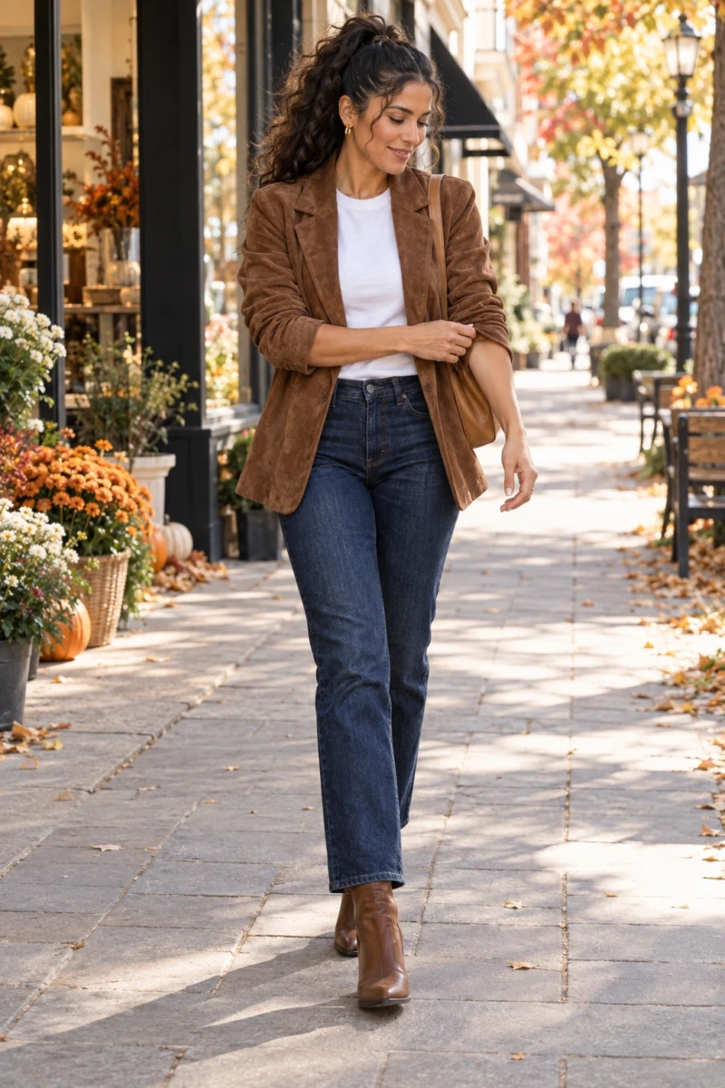 Brown Suede Jacket Over a White Tee