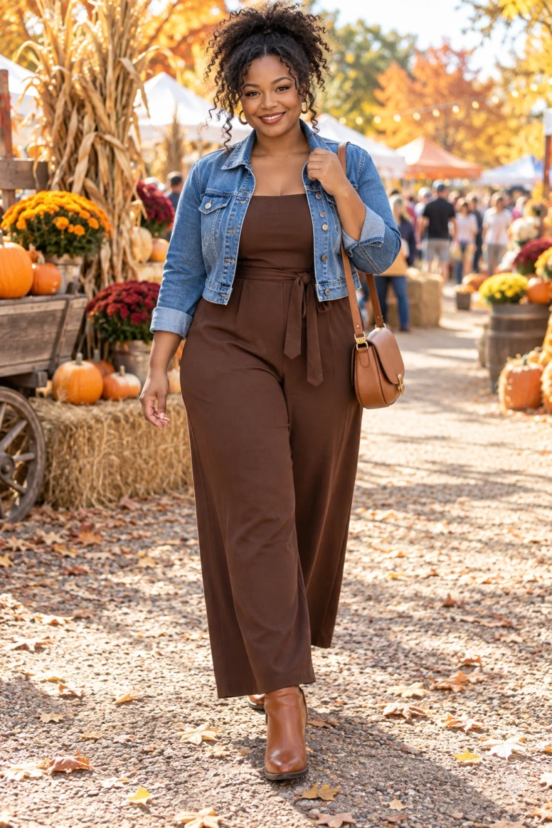 Brown Jumpsuit With a Denim Jacket
