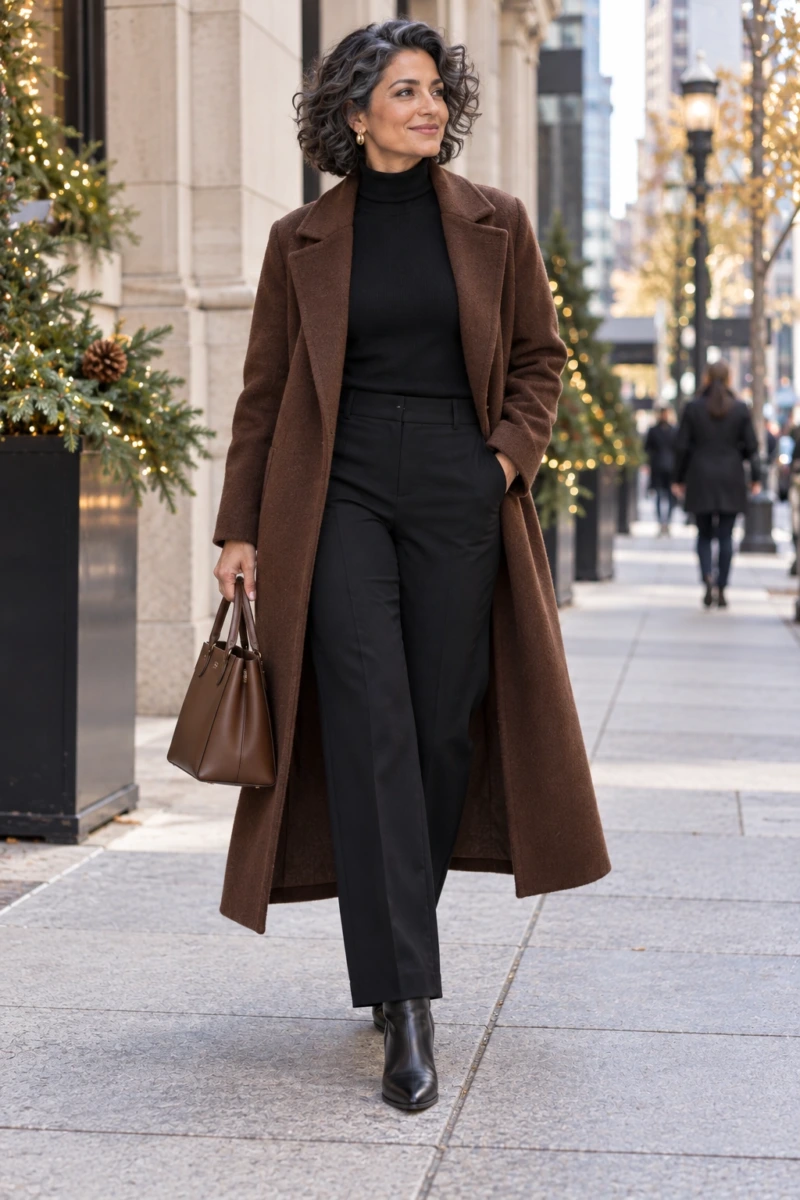 Brown Wool Coat Over All Black