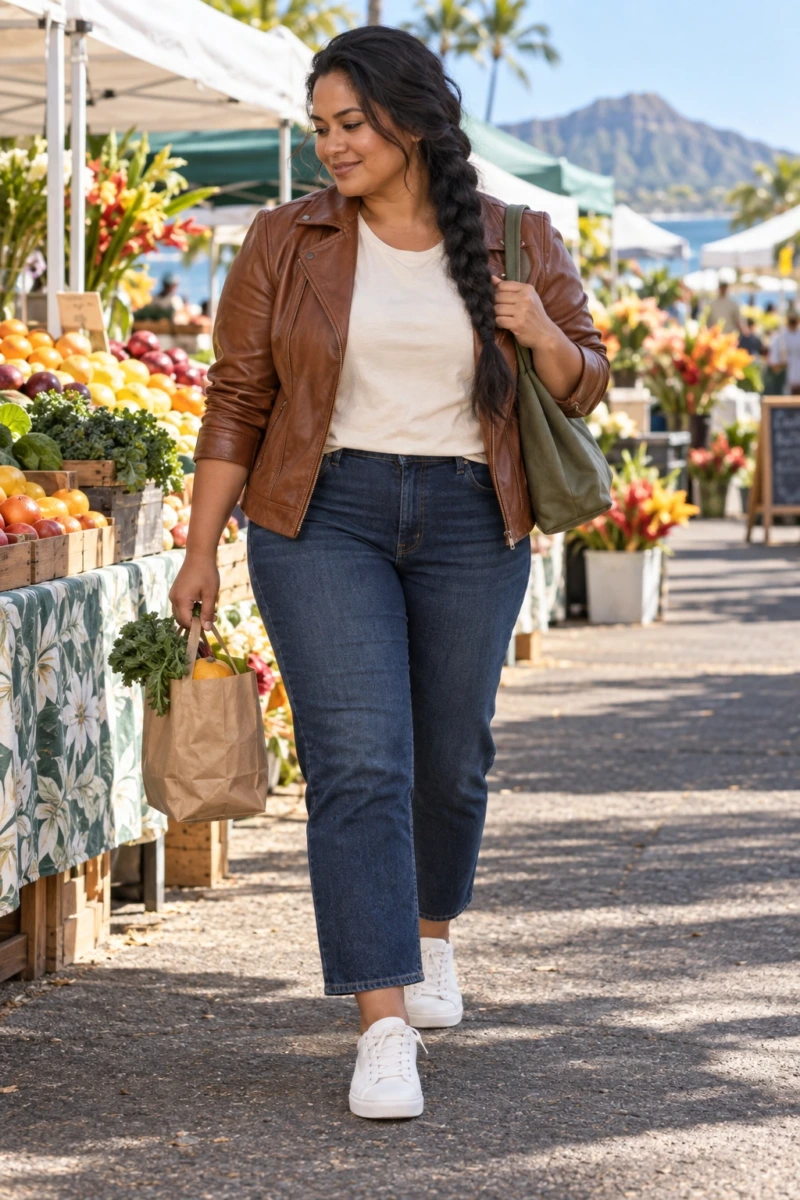Brown Leather Jacket With Dark Denim