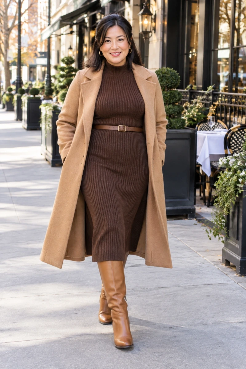 Chocolate Knit Dress and Tall Brown Boots