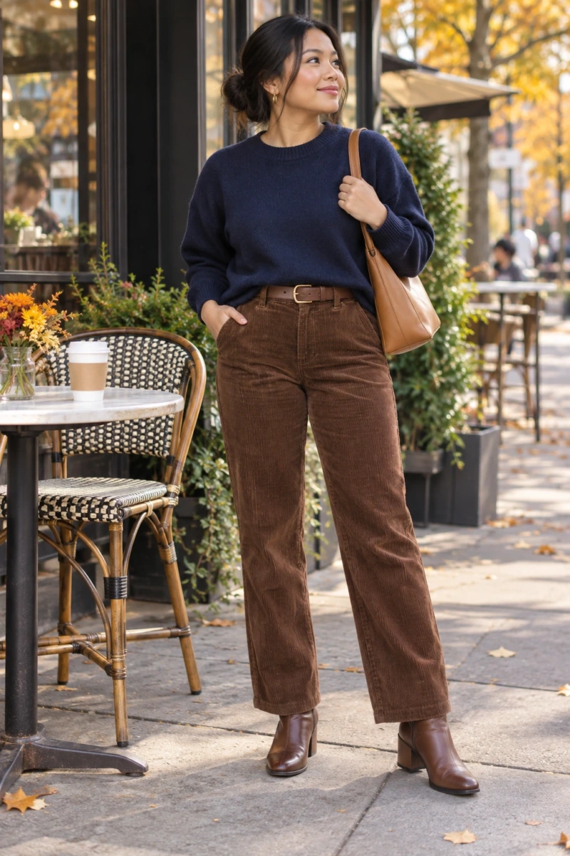 Brown Corduroy Trousers With a Navy Sweater