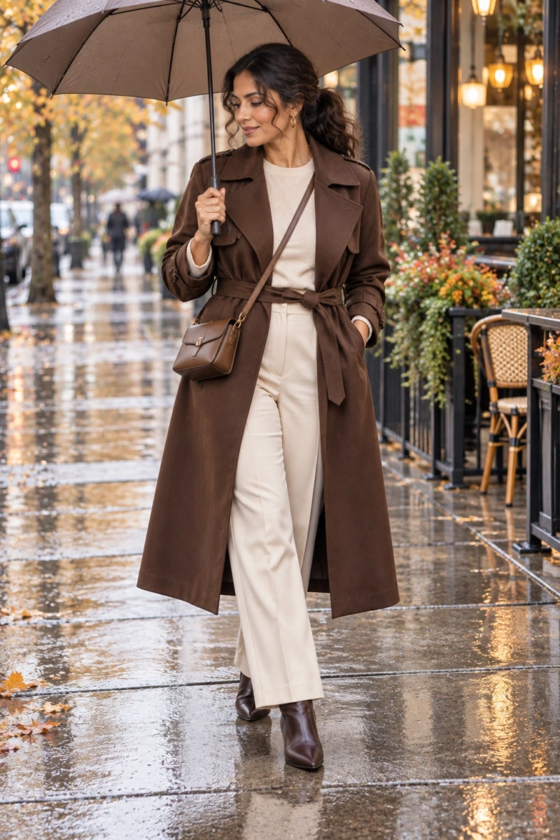 Brown Trench Over a Cream Outfit