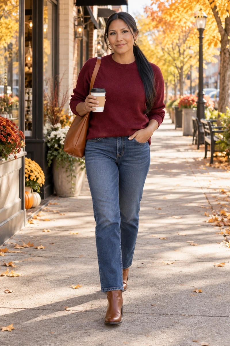 Burgundy Sweater, Straight Leg Jeans, and Brown Boots