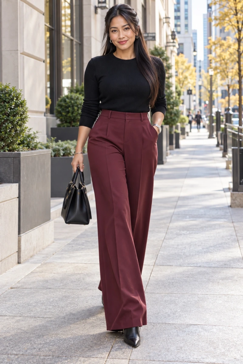 Burgundy Wide Leg Trousers With a Black Knit