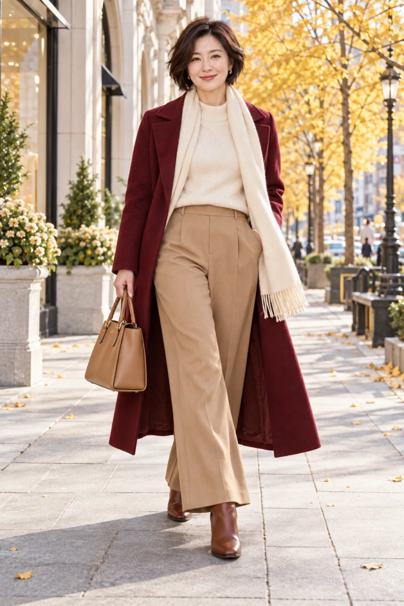 Burgundy Coat Over a Cream and Camel Outfit