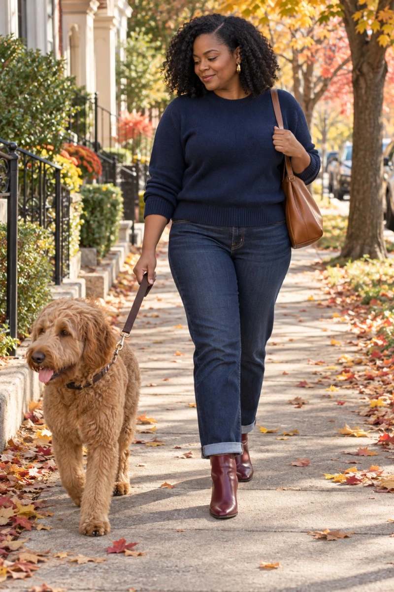 Burgundy Boots With Dark Denim and a Navy Sweater