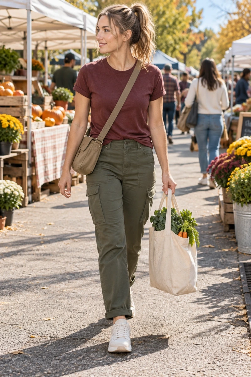 Burgundy Tee With Olive Cargo Pants